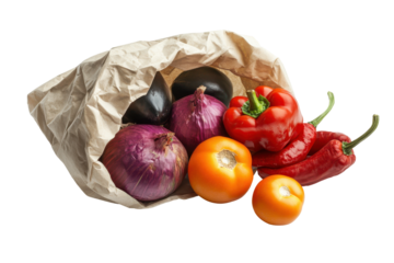 Fresh vegetables spilling out of a paper bag isolated on transparent background. Vegetables in a paper bag isolated on white background.