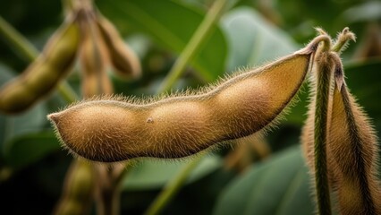 Close up of a hairy soybean pod on a plant, showcasing agricultural cultivation. Concept of organic farming and plant based food production.