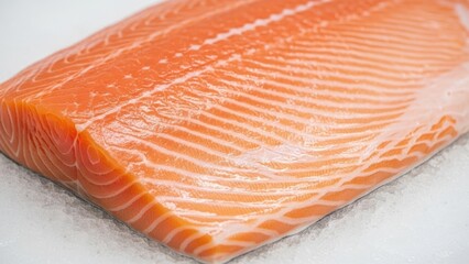 Fresh raw salmon fillet on ice, displaying vibrant orange color and texture. Healthy omega 3 rich seafood for cooking and diet.