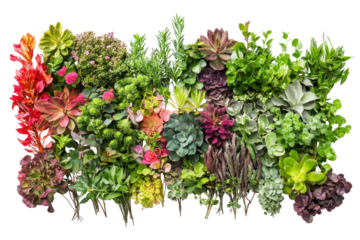 Abundant vertical garden with diverse greenery and flowers isolated on transparent background. Vibrant collection of garden plants arranged harmoniously isolated on white background.