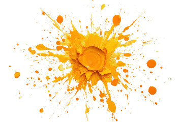 Vibrant orange paint splatter explosion isolated on transparent background. Vibrant mustard splat isolated on white background.
