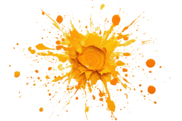 Vibrant orange paint splatter explosion isolated on transparent background. Vibrant mustard splat isolated on white background.