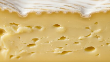 Close up of a soft ripened cheese with white rind. Creamy texture and golden interior of a gourmet dairy product.