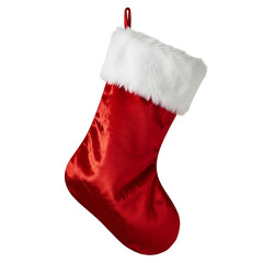 Red velvet stocking with white fur edge, isolated