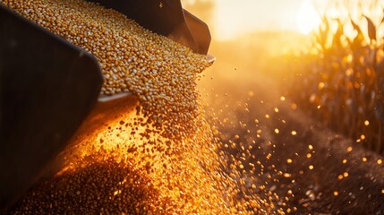 Harvesting corn at sunset creates golden ambiance.