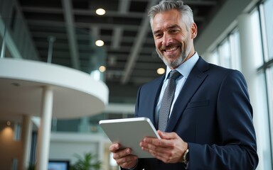Happy middle aged business man ceo wearing suit standing in office using digital tablet. Smiling mature businessman professional executive manager looking away thinking working on tech device.