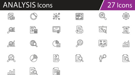 Data analysis and financial report icon set, black and white line style, statistics, auditing, performance metrics, business intelligence, calculator, charts, documents, vector illustration