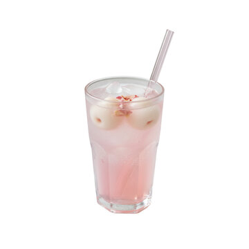 Fresh, cold lychee rose iced drink in a glass for a sweet, red summer drink