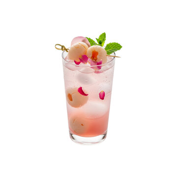 lychee rose iced drink, pastel pink tones, clear cup, png isolated