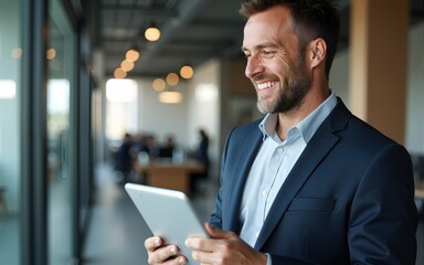 Happy confident mature business man executive standing in corporate office using digital tablet. Smiling middle aged professional businessman manager wearing suit looking away at work in modern space.