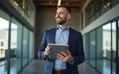 Happy confident mature business man executive standing in corporate office using digital tablet. Smiling middle aged professional businessman manager wearing suit looking away at work in modern space.