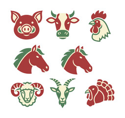 Stylized farm animal heads illustration vector graphics