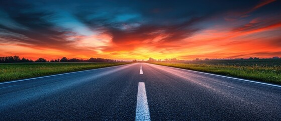 A road leads towards a vibrant sunset sky