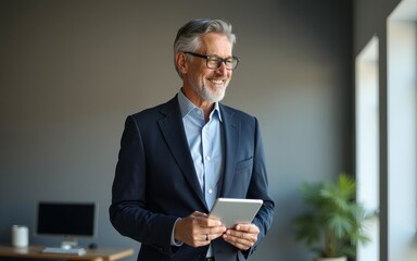 Happy middle aged business man ceo wearing suit standing in office using digital tablet. Smiling mature businessman professional executive manager looking away thinking working on tech device.