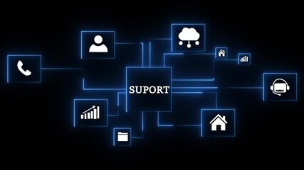 Cloud support network diagram with glowing neon icons for business growth customer service teamwork and cyber security on black background.4k animation motion graphic video