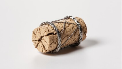 Close-up of a champagne cork with wire cage on white background.