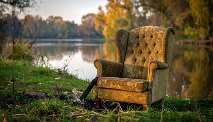 Vintage armchair nestled in nature by a tranquil lake.