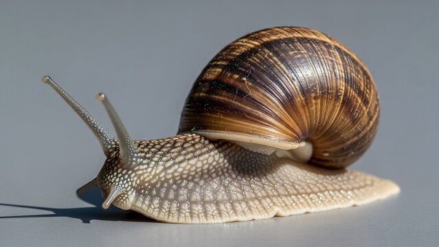 Detailed close-up of a garden snail with its shell.