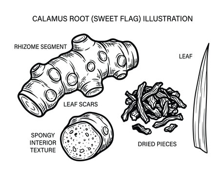 Calamus root or sweet flag illustration with rhizome segment, leaf scars, spongy interior, dried pieces, and leaf