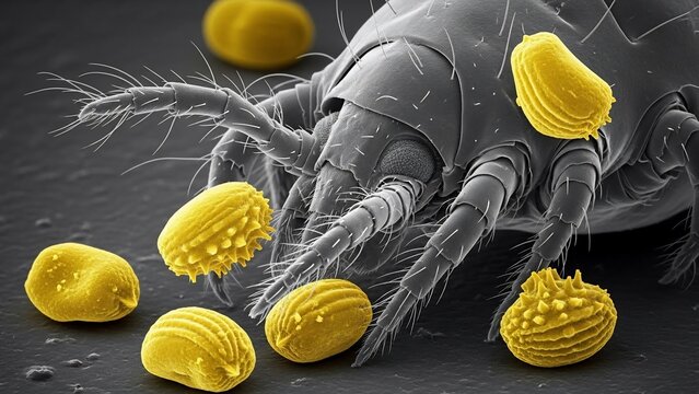 Dust mite with pollen grains, magnified under a scanning electron microscope.