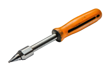 Orange handle screwdriver with metal tip isolated on transparent background. Closeup view screwdriver on white background.