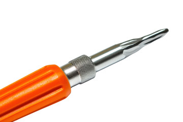 Fototapeta premium Orange handle screwdriver with metal tip isolated on transparent background. Closeup view screwdriver on white background.