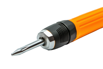 Orange handle screwdriver with metal tip isolated on transparent background. Closeup view screwdriver on white background.