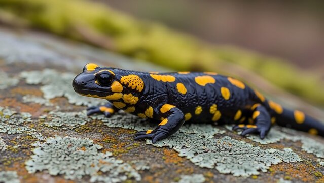 Fire Salamander on Mossy Rock - A Vibrant Amphibian Portrait.