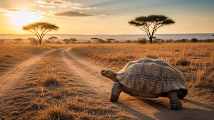 Giant tortoise walking on a dirt road in the African savanna at sunset.
