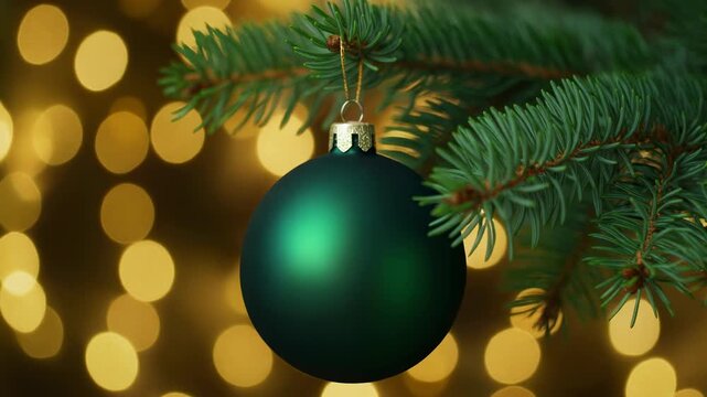 Close-up of a single green Christmas ornament hanging on a pine tree branch with bokeh lights in the background.