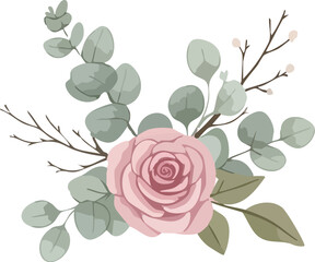 A beautiful pink rose and eucalyptus floral bouquet for a wedding or romantic design