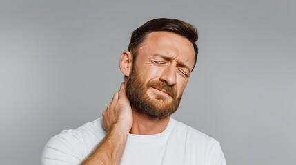 Obraz premium Young Man Experiencing Neck Pain and Discomfort on Gray Background