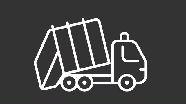 Animated garbage truck white line icon. Vehicle collecting municipal waste animation. Transporting rubbish to treatment facility. Isolated element on dark background. Alpha transparent video