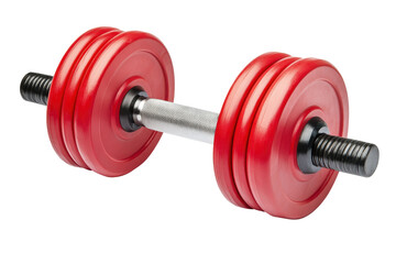 Naklejka premium Red adjustable dumbbell with chrome handle isolated on transparent background. Dumbbell in vibrant red color isolated on white background.