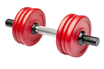 Red adjustable dumbbell with chrome handle isolated on transparent background. Dumbbell in vibrant red color isolated on white background.