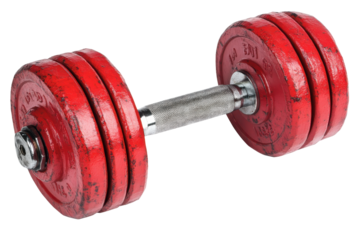 Red adjustable dumbbell with chrome handle isolated on transparent background. Dumbbell in vibrant red color isolated on white background.