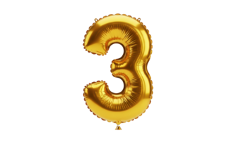 Hyperdetailed gold foil balloon shaped as the digit '3', featuring a reflective metallic sheen and precise seams, floating against an infinite transparent studio background with copy space. Luxurious