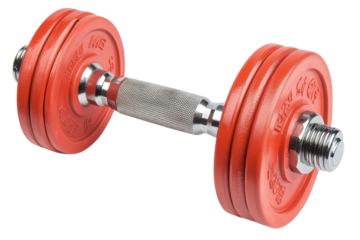 Red adjustable dumbbell with chrome handle isolated on transparent background. Dumbbell in vibrant red color isolated on white background.