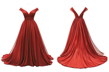 Elegant red ball gown with flowing skirt isolated on transparent background. Elegant Red evening gown mockup from front and back views isolated on white background.