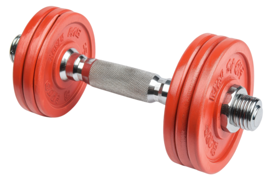 Red adjustable dumbbell with chrome handle isolated on transparent background. Dumbbell in vibrant red color isolated on white background. - Powered by Adobe