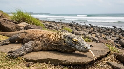 Komodo Dragon Lizard Resting on Rocky Beach Shoreline with Ocean Waves.