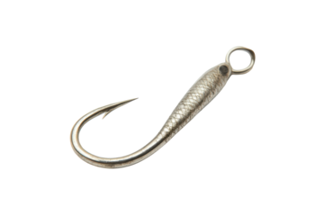 Silver fishing hook with a curved barb isolated on transparent background. Fishing hook isolated on a white background.