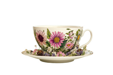 Vintage floral teacup and saucer with delicate flowers isolated on transparent background. Floral tea cup with herbal infusion isolated on white background.