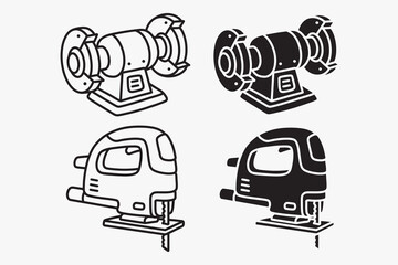 Bench grinder, Grinding wheel, Grinder tool outline icon set. Jigsaw, Power saw silhouette element pack. Workshop, Industrial, Fabrication, Repair, Garage, Factory, Carpentry. Vector illustration.