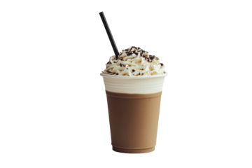 Delicious chocolate frappe with whipped cream and sprinkles isolated on transparent background. Frappuccino in take away cup with straw isolated on white background.