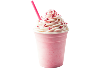 Delicious frappuccino with whipped cream and sprinkles isolated on transparent background. Frappuccino in take away cup with straw isolated on white background.