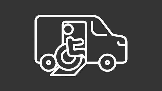 Animated wheelchair accessible van white line icon. Modified vehicle with ramp and lift animation. People with disability support. Isolated element on dark background. Alpha transparent video