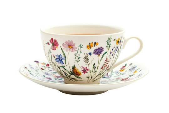 Vintage floral teacup and saucer with delicate flowers isolated on transparent background. Floral tea cup with herbal infusion isolated on white background. - Powered by Adobe