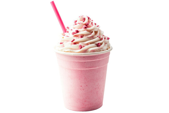 Delicious frappuccino with whipped cream and sprinkles isolated on transparent background. Frappuccino in take away cup with straw isolated on white background.