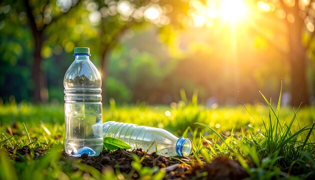 Clear plastic bottles rest on grass with sunlight in background - Powered by Adobe